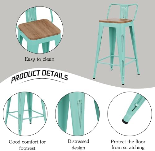 26" Barstools Set of 4 Counter Height Bar Stools Side Chair-Distressed Blue