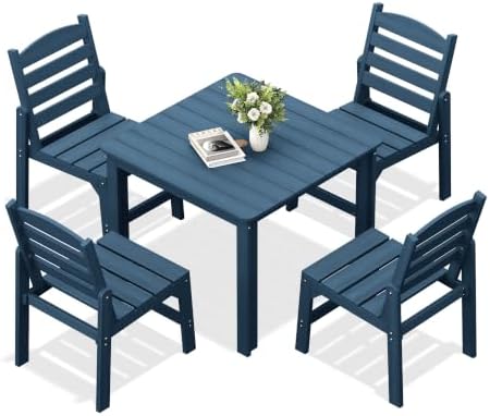 HDPE Outdoor Dining Set, Patio Square Table and 4 Stackable Chairs, Blue