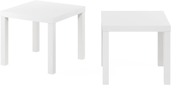 Furinno Classic Toolless Assembly Square Side Table Set of 2, White End Table with 1.8 Thick Tabletop, Night Stand, Bedside Table, for Living Room, Bedroom, Plain White