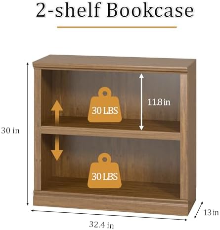blini 2-Shelf Bookcase Wooden Bookshelves 33in Wide Floor Standing Display Storage Shelves Vintage Oak Bookcase for Home Office, Living Room, Bed Room