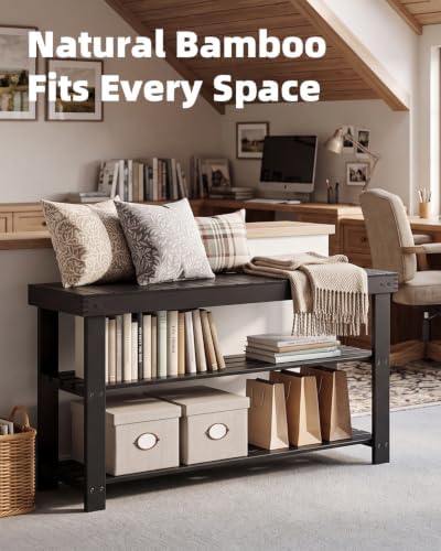 SMIBUY Bamboo Shoe Rack Bench, 3-Tier Shoe Organizer Storage Shelf for Entryway Hallway Bathroom Living Room (Black)