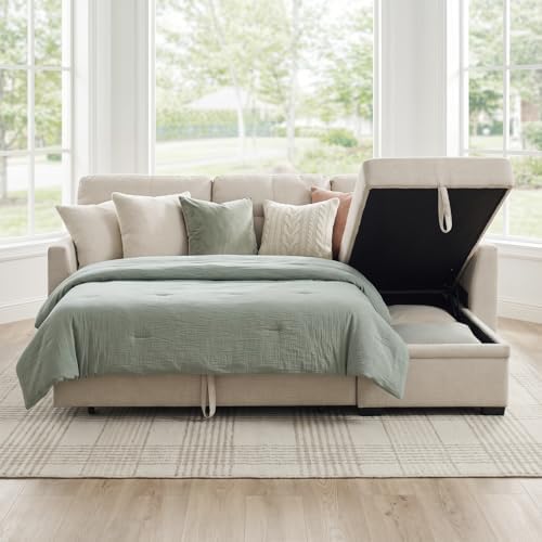 Convertible Sofa Bed, L Shape Sleeper Sofa with Reversible Storage Chaise, Tufted Fabric Sectional Sleeper Sofa with Pull Out Bed for Small Space, Living Room, Apartment, Almond
