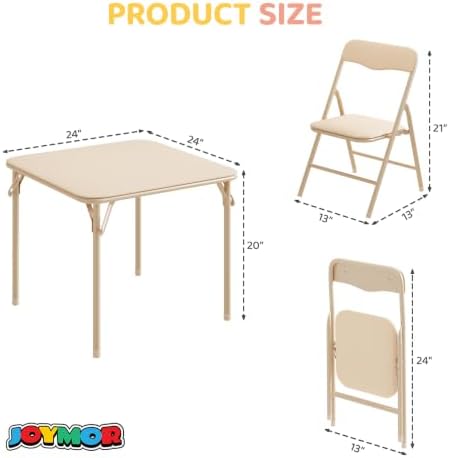 JOYMOR Kids Folding Table and Chairs Set, 5-Piece Metal Frame Activity Set with Easy-Fold Design for Playroom & Classroom, Beige