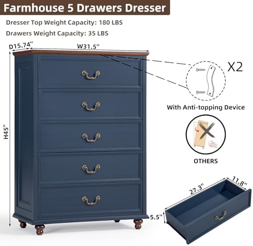 Joaxswe Farmhouse 5 Drawer Dresser Set of 2 for Bedroom, 45" Tall Rustic Chests of Drawers w/ 4 Solid Wood Feet, Mid Century Vintage Wooden Closet Storage Dressers Organizer for Living Room, Navy Blue