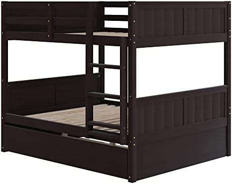 Merax Trundle Bunk Bed, Full Over Full Wood Bunk Bed with Twin Size Trundle, Guardrail and Ladder, Can be Separated into 2 Beds, Espresso
