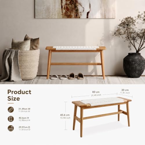 31.5'' Woven Dining Beach with 100% Solid Oak Wood Bench Frame, Hand Knitted Rope Designed Bed End Shoe Bench for Kitchen Bedroom Entryway, White
