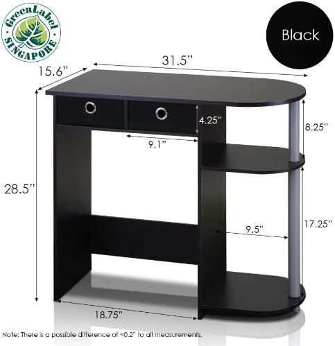 Furinno GO GREEN Desk, 31.5" Wide Gaming Desk with 2 Side Shelves and Storage Bins, Computer Desk, Office Desk for Home Office, Study Room, Dorm, Bedroom, Black