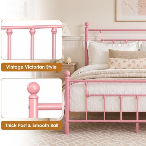 VECELO Full Size Metal Platform Bed Frame with Headboard and Footboard, Heavy Duty Slat Support/No Box Spring Needed Mattress Foundation/Underbed Storage Space, Victorian Style