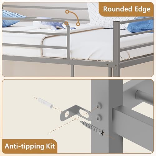 JOYMOR Bunk Bed Full Over Full, ASTM-Certified Twin Bed for Kids (Silver)
