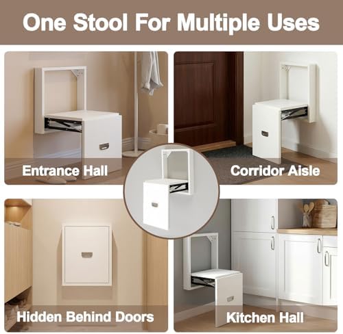 1 Pcs Wall Mounted Folding Chair, Modern Entryway Shoe Changing Stool, 330lbs Capacity, Extra-Wide Seat, Invisible Folding Chair for Hallway, Hidden Shoe Bench for Most Homes(Tea White)