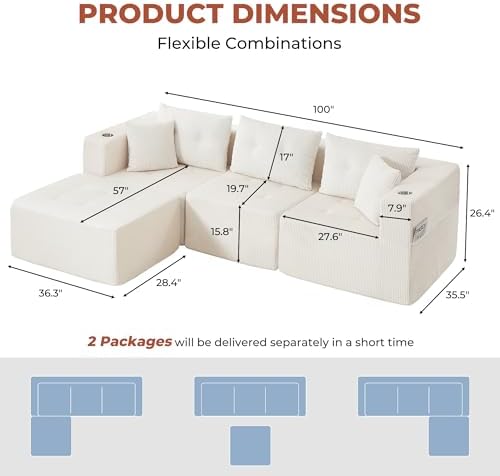 100" L Shaped Modular Sectional Sofa, Oversized 4-Seater Boneless Tufted Cloud Couch with Cup Holder and Movable Ottoman, Corduroy Upholstery Couches for Living Room, No Assembly Beige