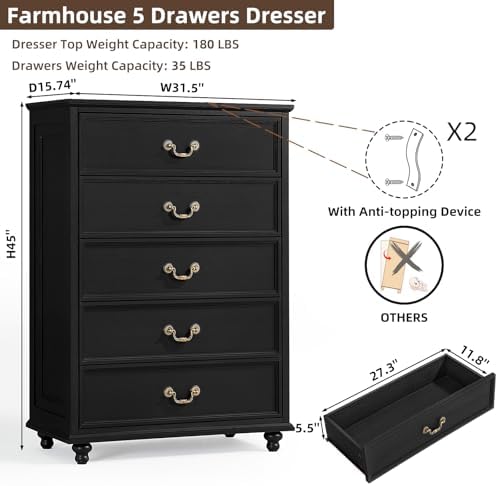 Joaxswe Farmhouse 5 Drawer Dresser Set of 2 for Bedroom, 45" Tall Rustic Chests of Drawers w/ 4 Solid Wood Feet, Vintage Mid Century Wooden Closet Storage Dressers Organizer for Living Room, Black