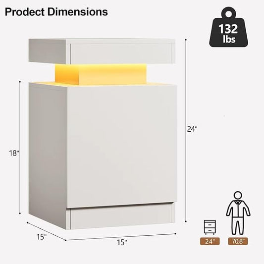 MXV Nightstand Set of 2 with LED Lights,Night Stand with Storage Cabinet for Bedroom,Bedside Table with LED (White, 15IN)
