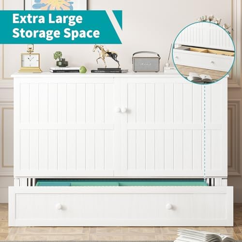 BALUS Queen Murphy Bed, Cabinet Murphy Bed with Large Storage Drawer-White