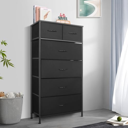 Mifuro Tall Dresser for Bedroom, Vertical Storage Organizer Tower with 6 Drawers, Chest of Drawers with Fabric Bins, Steel Frame, Wood Top for Bedroom, Closet, Entryway- Black