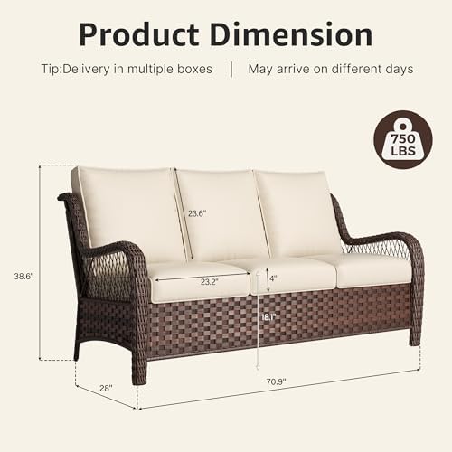 Outdoor Wicker 3 Seater Sofa, All-Weather Use Patio Rattan Sofa with Seat and Back Cushion, Ideal for Porch, Backyard, Balcony, Poolside, Beige