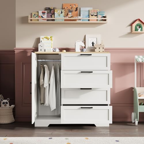 GarveeHome Wood Armoire Wardrobe Closet with 4 Drawers and Door, 43.3 in H Bedroom Wardrobe Cabinet with Hanging Rod, Clothing Storage Cabinets, 4 Drawers Dresser with Storage Closet, White