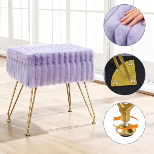 Vanity Stool Chair with Storage, Faux Fur Soft Padded Ottoman with Coffee Table, Modern Vanity Chair Fluffy Footstool with Metal Legs for Makeup, Living Room, Bedroom Purple