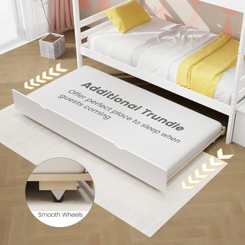 KOMFOTT Wood Twin Over Twin Bunk Bed with Trundle & Storage Stairs, Bunk Bed Frame with Protective Guardrails for Kids Room, Bedroom, Convertible to 2 Separated Beds, No Box Spring Needed