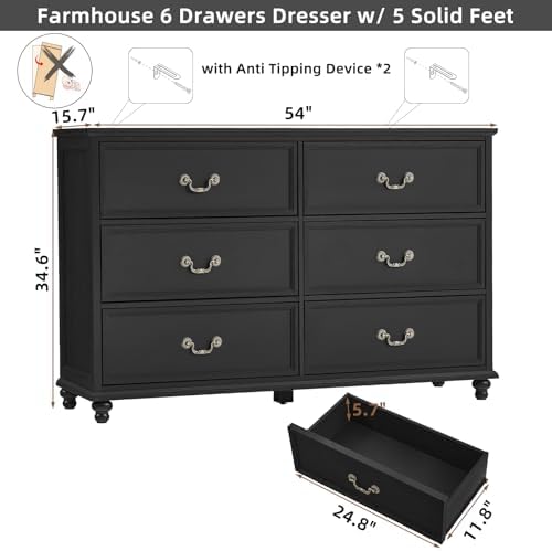 Joaxswe Farmhouse 6 Drawers Dresser for Bedroom, Vintage 54" Wide Chest of Drawers w/ 4 Wooden Legs, Rustic Large Closet Storage Dressers Organizer for Hallway, Wood TV Stand for Living Room, Black