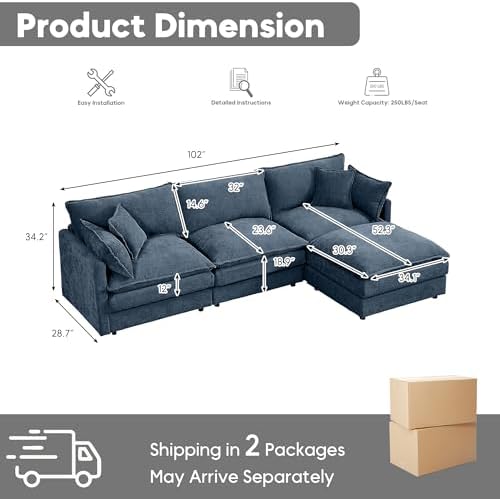 Modern 102" L Shaped Sectional Sofa Cloud Couch, Modern Chenille Comfy Modular Sleeper Sofa, Upholstery Sofa with Ottoman & Memory Foam for Living Room, Blue