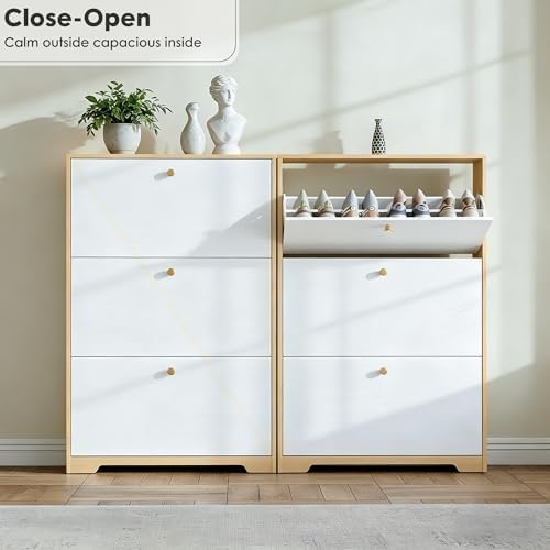 Nicetree Shoe Storage Cabinet with 3 Flip Drawer, Narrow Slim 3-Tier Shoe Organizer, Shoe Cabinet Storage for Entryway with Top Shelf and Hooks, Freestanding Wooden Shoe Rack, Natural Oak and White