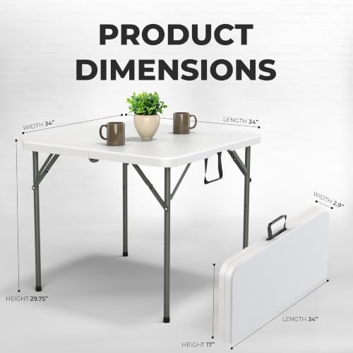 2 PACK of 34" Square Foldable Table with Built in Handle & Steel Legs | Heavy Duty Portable | Perfect for Party, Dining, Wedding, Events, Picnic Indoor Outdoor, Camping, Utility, Temporary