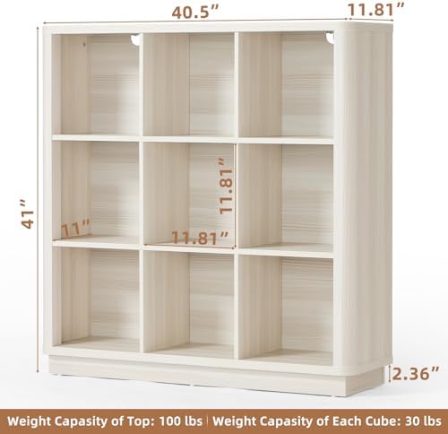 9 Cube Storage Book Shelf, 41" Tall Organizer Bookcase with Curved Edge, Wood Floor Standing 3-Tier Cubby Bookshelf with Base, Vintage Display Book Case for Bedroom,Office,White-Grey Cream Oak