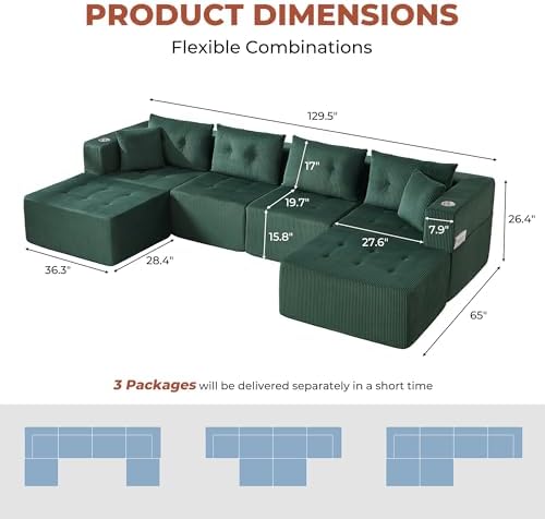 128" U Shaped Modular Sectional Sofa, Oversized 6-Seater Boneless Tufted Cloud Couch with Cup Holder and Movable Ottoman, Corduroy Upholstery Couches for Living Room, No Assembly Green