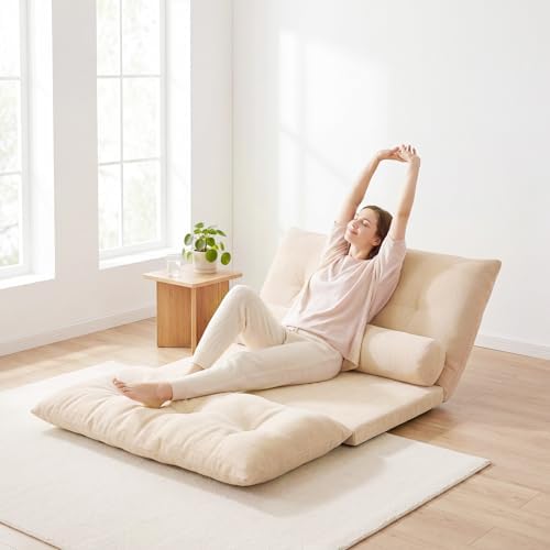 GIANTEX Adjustable Floor Sofa Couch with 2 Pillows, Multi-Functional 6-Position Foldable Lazy Sofa Sleeper Bed, Multi-Functional Suede Floor Seating for Reading Gaming (Beige)