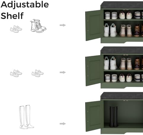 Shoe Storage Bench, 4 Doors & Thickened Padded Seat Cushion