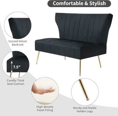 40’’ Velvet Modern Armless Loveseat for Living Room Bedroom, Upholstered Small Wingback Couch Sofa with Gold Metal Legs & 2 Seater (Black)