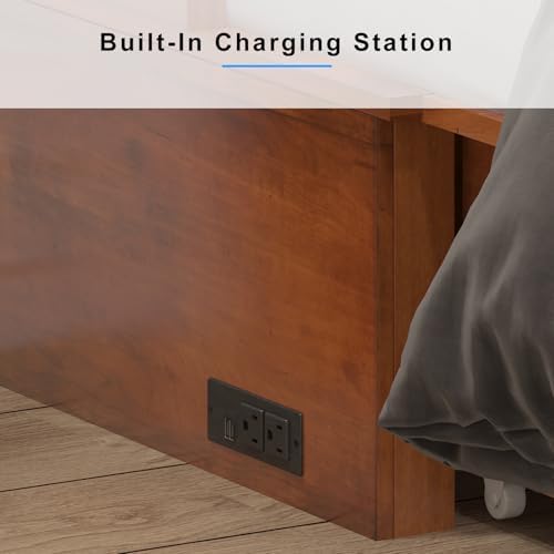 PUREMIND Queen Murphy Bed with Mattress, Hideaway Cabinet Beds with 2 Storage Drawers & Charging Station, Space-Saving Square Shape Murphy Bed Cabinet for Guest Rooms, Cherry