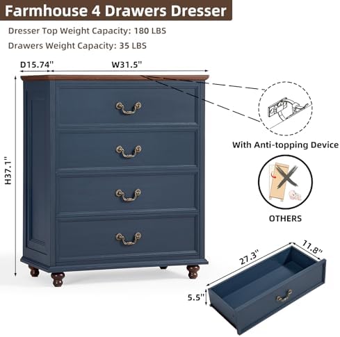 Joaxswe Farmhouse 4 Drawer Dresser Set of 2 for Bedroom, 37" Tall Rustic Chests of Drawers w/ 4 Solid Wood Feet, Mid Century Vintage Wooden Closet Storage Dressers Organizer for Living Room, Navy Blue