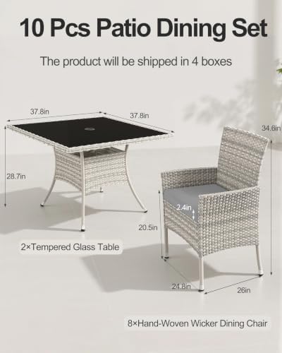 10-Piece Patio Dining Set, 2 Tempered Glass Tables & 8 Wicker Chairs