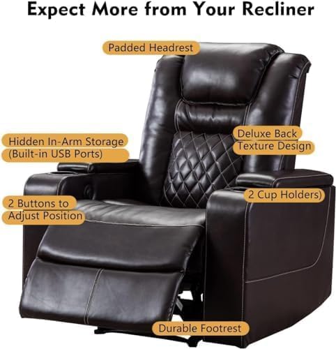 CANMOV Electric Power Recliner Chair Set of 4, Breathable Leather Home Theater Seating with Hidden Arm Storage, Power Recliner Chair for Living Room with USB Ports and Cup Holders,Brown