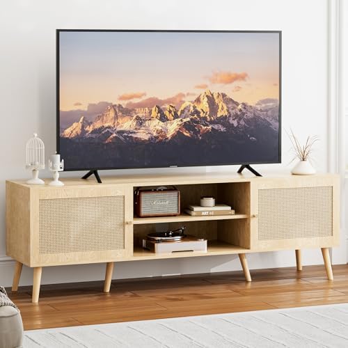 TV Stand with Rattan Doors for TVs up to 65", Mid-Century, Natural