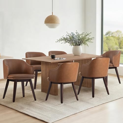 KISLOT Wooden Dining Chairs Set of 4, Faux Leather Upholstered Modern Dining Room Chairs with Barrel Backrest & Double-Layer Thick Cushion for Living Room, Restaurant, Kitchen and Café, Brown, 2 Boxs