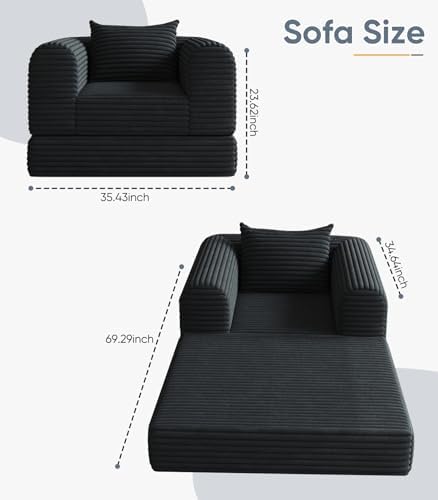 Versatile 2 in 1 Boneless Armchair Chaise Lounge Chair Indoor, Convertible Sleeper Chairs Couch Folding Sofa Bed Oversized Comfy Futon Floor Sofa BeanBag for Living Room Bedroom