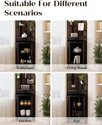 Small Corner Cabinet with Sliding Door and Storage, Tall Corner Bathroom Cabinet for Kitchen, Living Room, Corner Shelf Display Storage Cabinet, Black