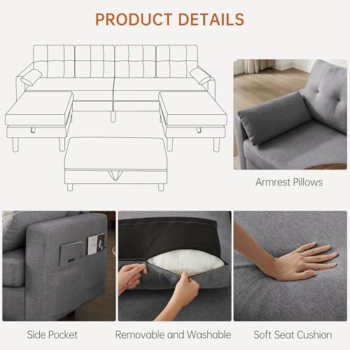 Convertible Sectional Sleeper Sofa with Storages, 100" U Shaped 4 Seater Couch with 2 Movable Ottomans and 1 Ottoman Bench Polyester Fibre for Living Room, Light Grey