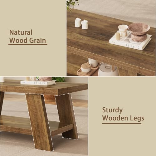 Tohomeor 47.24" Coffee Table for Living Room, Farmhouse Wooden Coffee Table with Storage, Rectangle Rustic Accent Center Table with for Home Apartment Office, Retro Brown