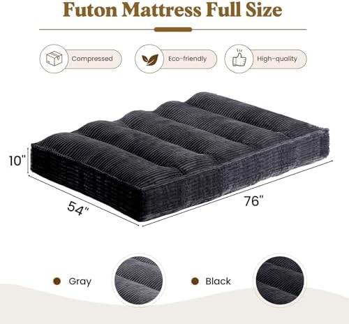 10" Futon Mattress Full Size, Ultra Thick Futons Sofa Couch Bed Sleeper Sofa Bed, Versatile Floor Futons Japanese Floor Mattress for Adults, Black (Frame Not Included)