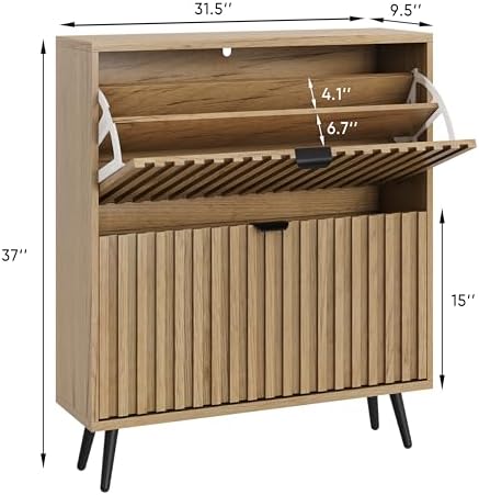 Smuxee Shoe Cabinet with 2 Flip Drawers, 31.5" Natural Hidden Shoe Storage Cabinet with Fluted Design, Freestanding Shoe Organizer Cabinet for Entryway, Hallway, Closet, Living Room