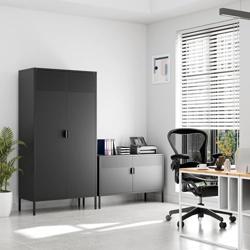Ustamio Black Wide Metal Locker Storage Cabinet, 2 Door Accent Cabinet for Home and Office, 2 Tier Low Metal Cabinet With Doors and Shelf, Multipurpose TV Stand