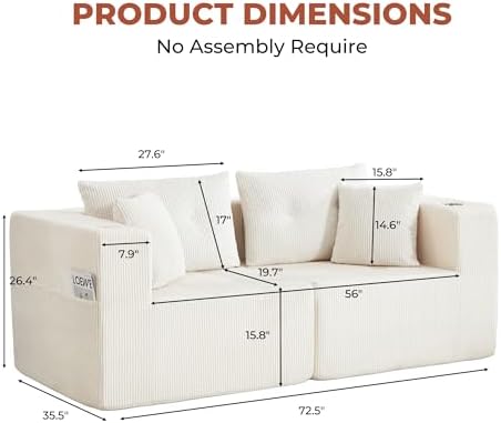 73" Loveseat Modular Sectional Sofa, Oversized 2-Seater Boneless Tufted Cloud Couch with Cup Holder, Corduroy Upholstery Small Couches for Living Room, No Assembly Beige