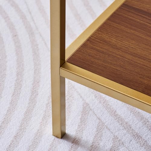 Glass Coffee Table for Living Room, L39xW22xH17inch, 2-Tier Mid-Century Modern Table with Amber Tempered Glass Top and Walnut Finish Wood Top, Gold Finish Frame