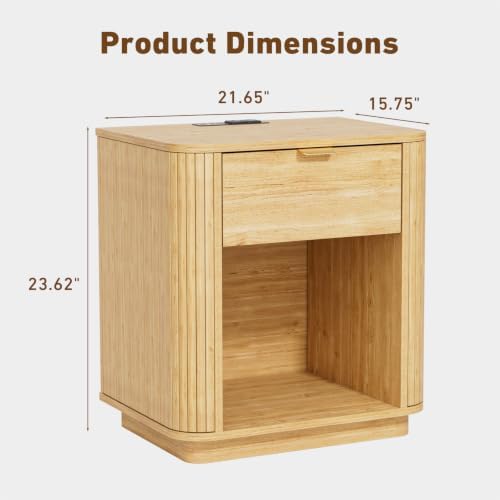 Modern Nightstands Set of 2 with Charging Station, Natural Oak