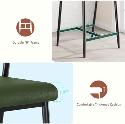 IDEALHOUSE Counter Height Bar Stools Set of 2 with Arms, Upholstered Barstool with Back & Footrest, Soft Wider Seat, Modern Metal Bar Stools Set for Kitchen Island, Bar, Easy Assembly, Rustic Green