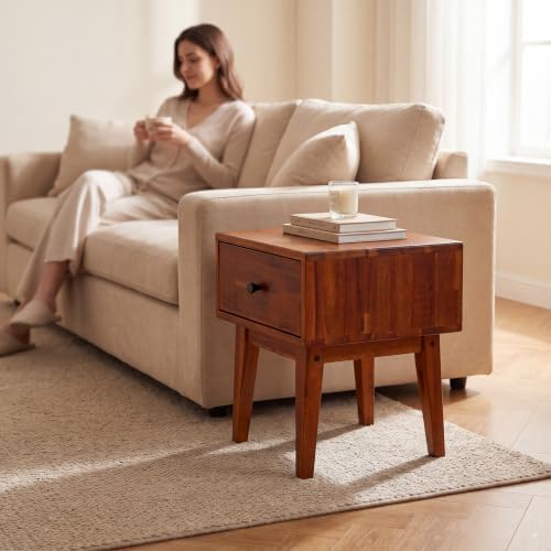 Acacia Sofia Nightstand with Drawer, Bedside Table, Solid Wood Bedside End Table with Drawer and Storage Space for Bedroom, Caramel